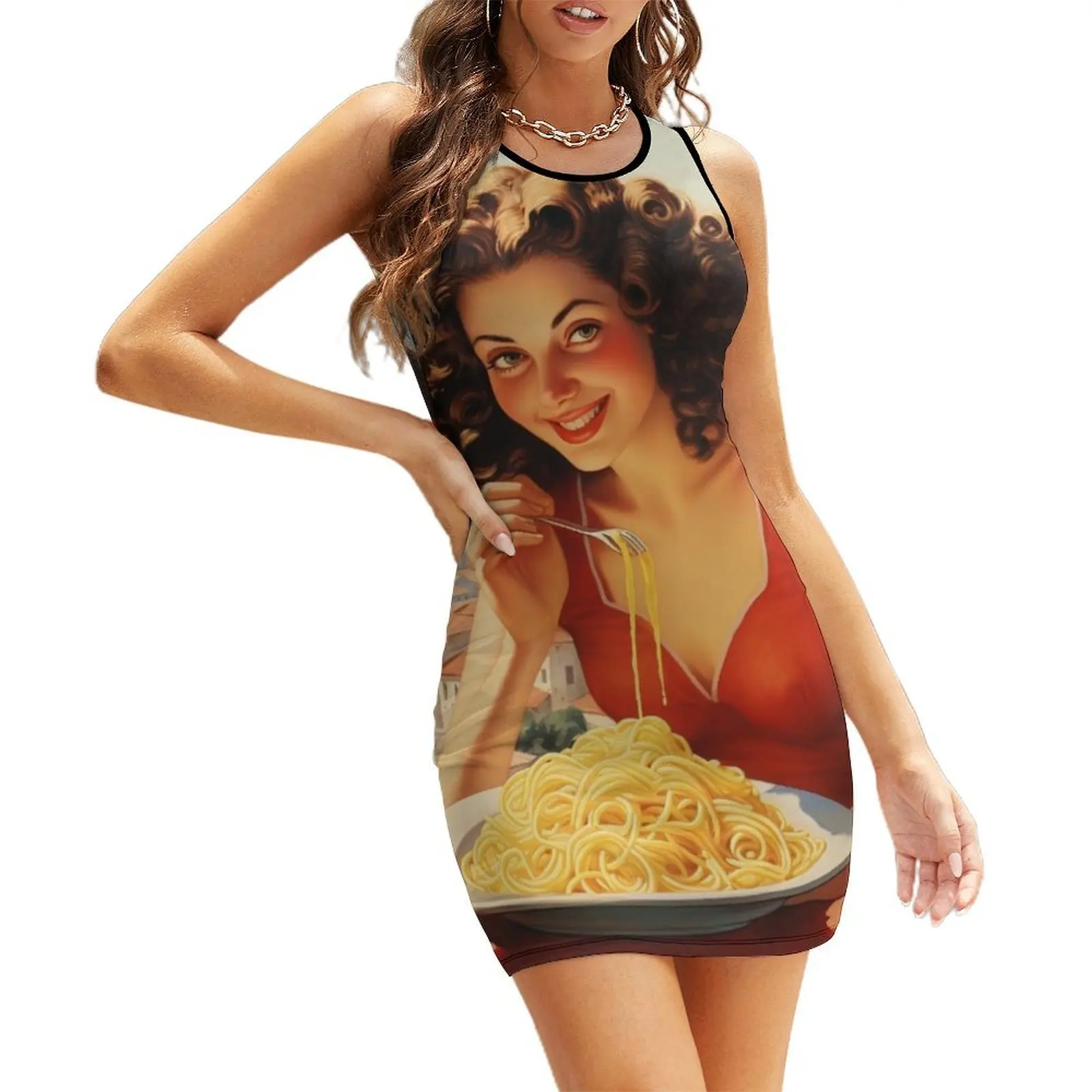 

Italian Girl Eating Spaghetti Sleeveless Sundress Summer dresses for women Women's evening dress