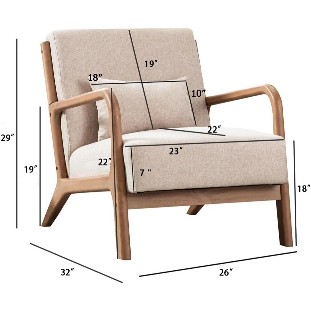 Mid Century Modern Accent Chair with Wood Frame, Upholstered Living Room Chairs with Waist Cushion, Reading Armchair for Bedroo