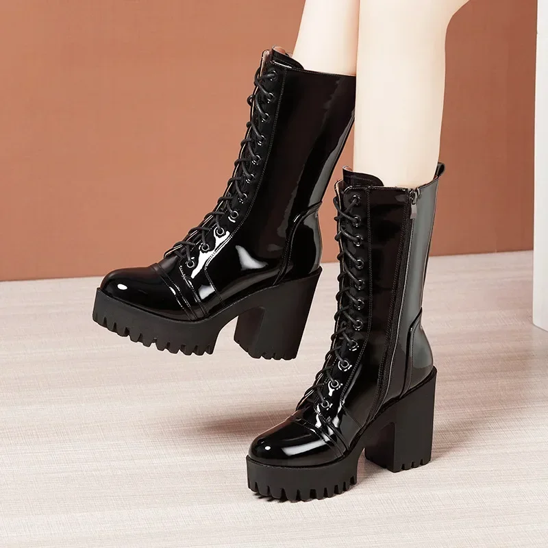 10cm Small Size 32-43 Fall Winter Genuine Leather Boots Platform Shoes 2024 Womens Block High Heels Mid Leg Boots Office Model