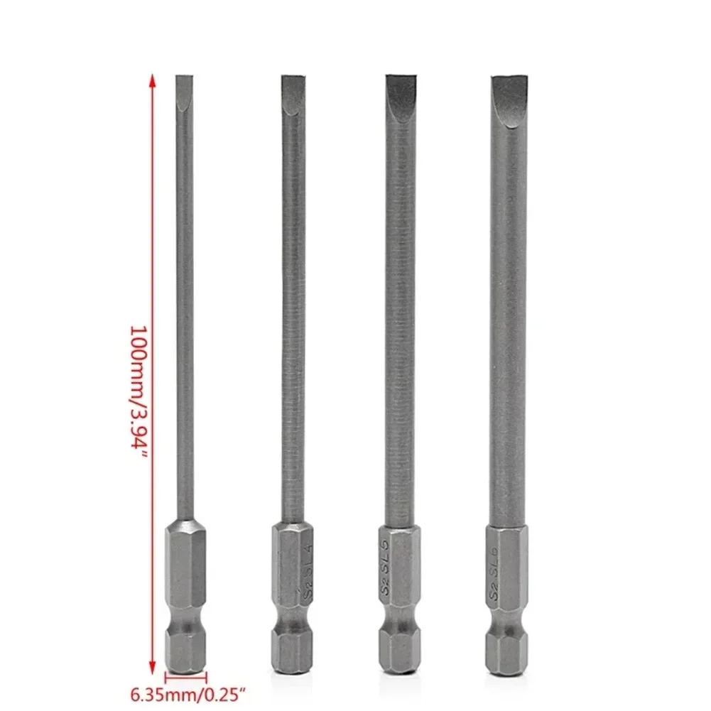 4 Pcs Slotted Screwdriver Bit 100mm 3mm-6mm Magnetic Flat Head 1/4\'\' Hex Shank Screw Driver For Hand Repair Tools Accessories