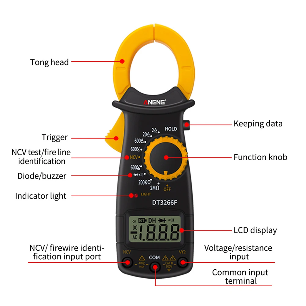 

ANENG DT-3266F Digital Clamp Meter 1999 Counts 600A AC/DC Current Tester Voltmeter Ammeter Multimeter