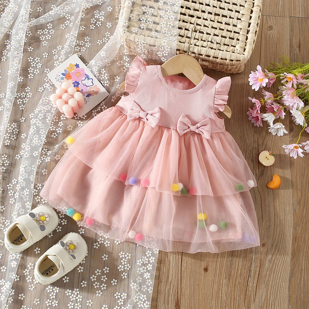 Summer Bow and Mesh Patchwork Girl\'S Dress Colorful Small Ball Korean Version Small Flying Sleeve Princess Dress for Kids Girl