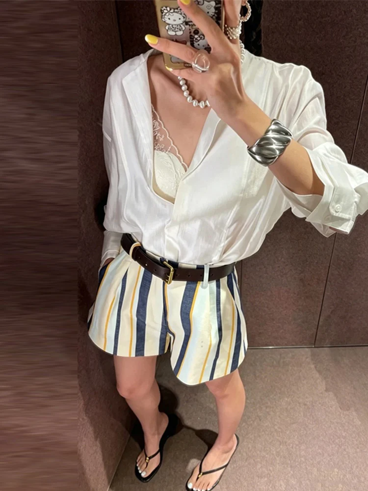 Midi-Shorts mit Streifenmuster für Damen, Streetwear-Stil, Einzelknopfverschluss, Taschen, Paneel-Design, Locker Sitzende Kurze Hose, Modische Damenkleidung für Party und Straße – Detail 13