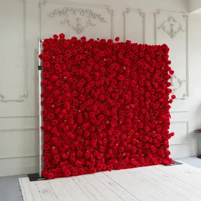 Royal Luxury 3D Red Flower Wall Burgundry Artificial Rose Fabric Floral Wall Outdoor Party Wedding Backdrop Decor Window Display