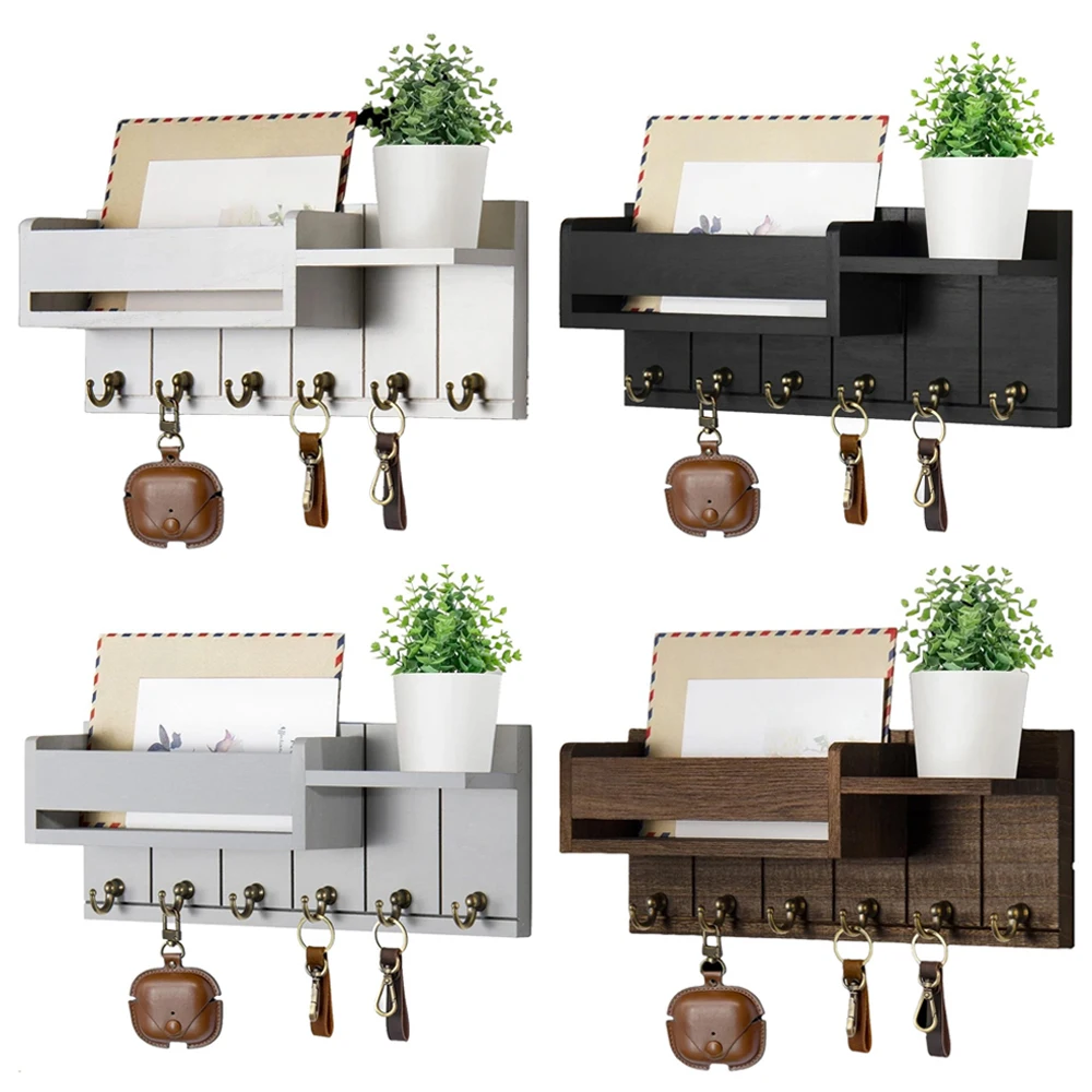 

Wooden Key Holder for Wall with Hooks Entryway Decor Rustic Floating Shelf with 6 Metal Key Hooks Hanging Leash Sunglasses Keys