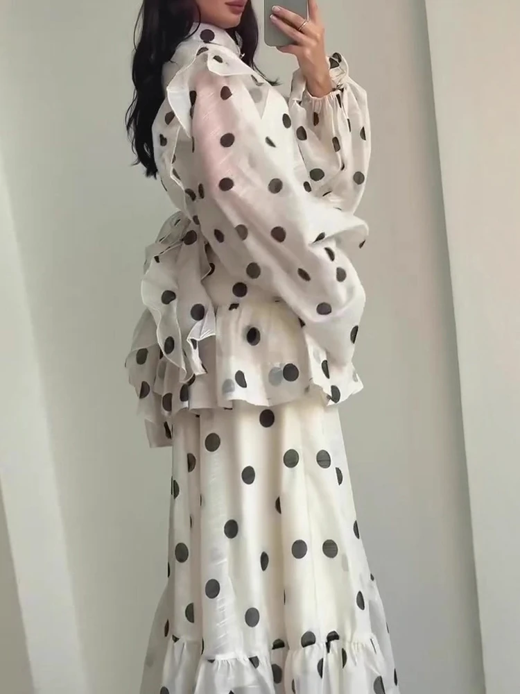 

Women O-neck Lantern Sleeve Casual Dress Elegant Ruffle Edge Design Beach Long Dress Polka Dot Print Spring Summer Holiday Dress