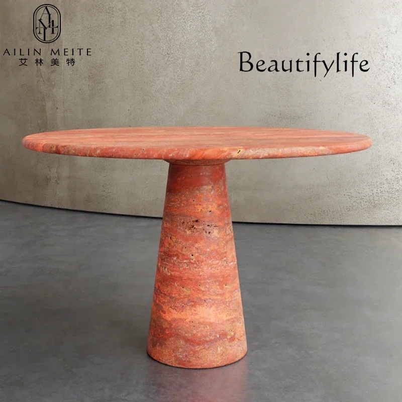 N45 Nordic light luxury natural travertine dining table marble round dining table simple small apartment home high sense