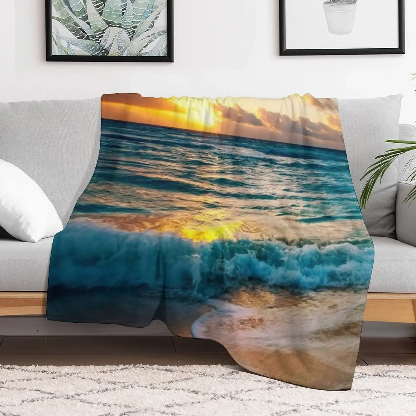 Blue deep ocean waves with sunset beach Throw Blanket Warm Stuffeds cosplay anime Tourist Blankets