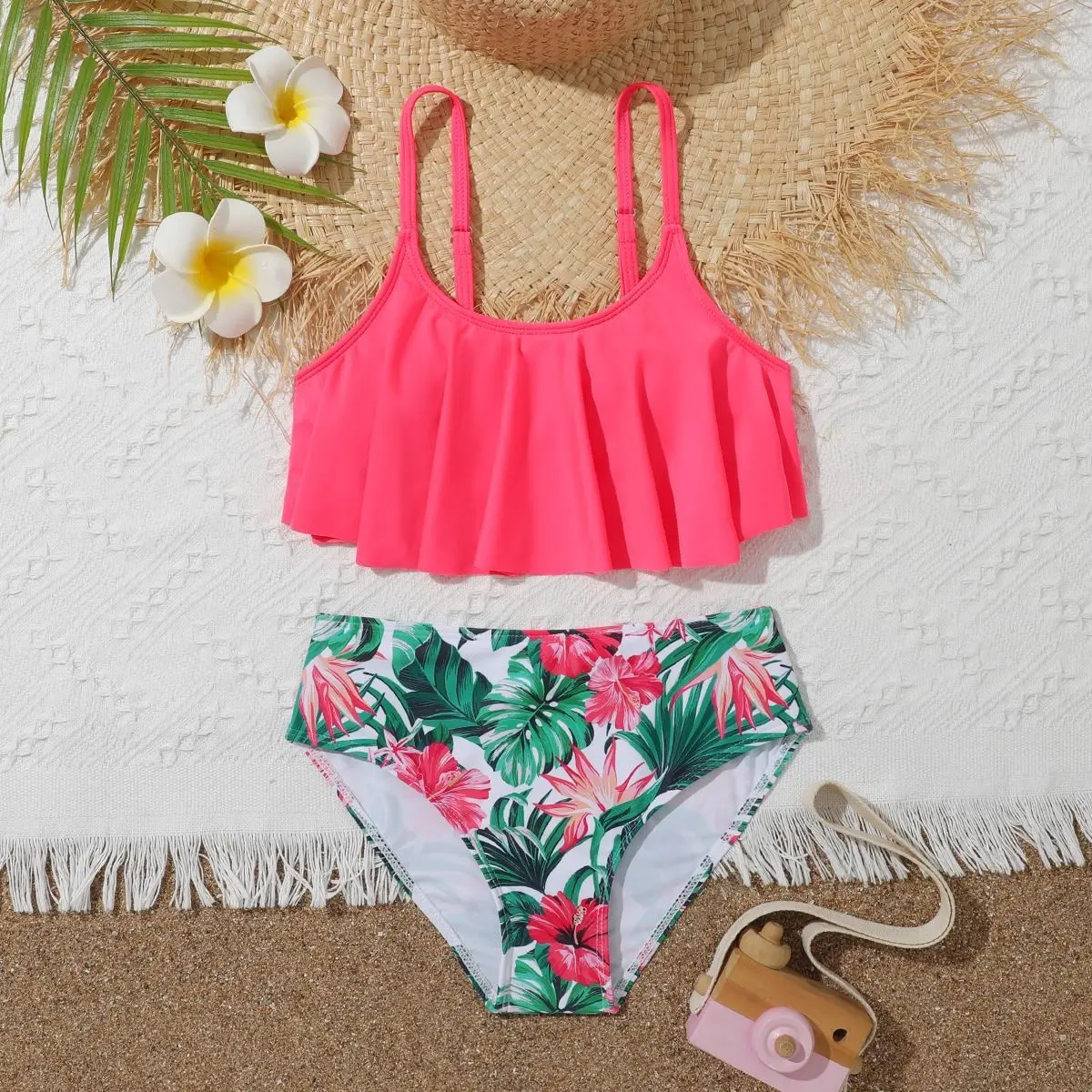 7-12 Years Girls Kids High Waist Ruffle Swimwear Summer Beach Children Swimsuit Print Biquini Teens Bathing Suit Pink Bikini Set