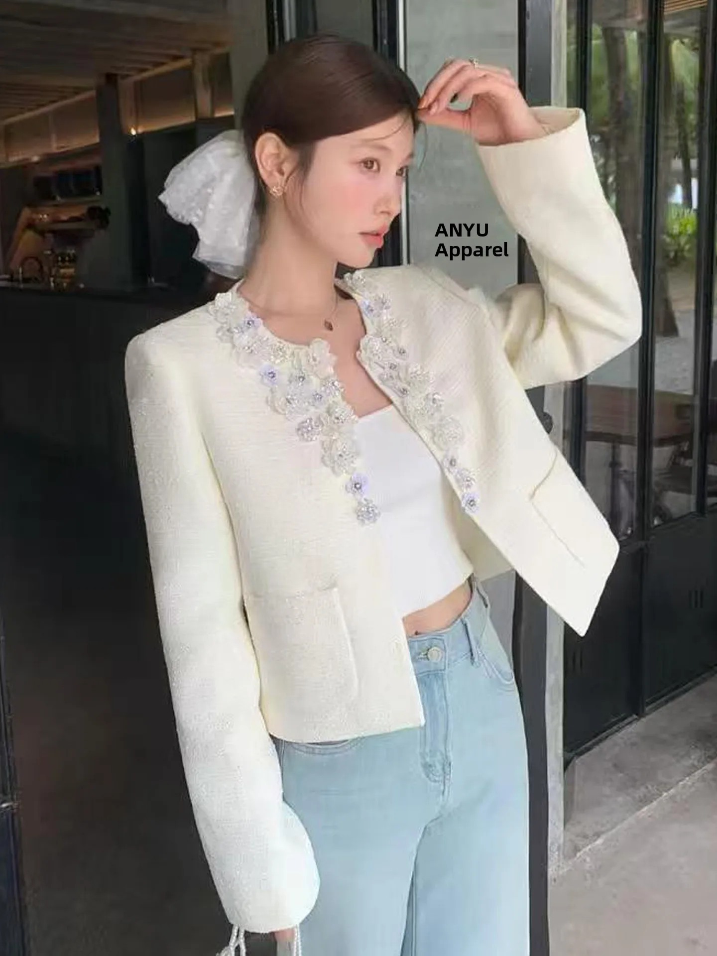 

Handmade Heavy Embroidery White Floral Jaet Women's round Ne Sequin ort Suit Casual Workwear Faionable Autumn Outerwear