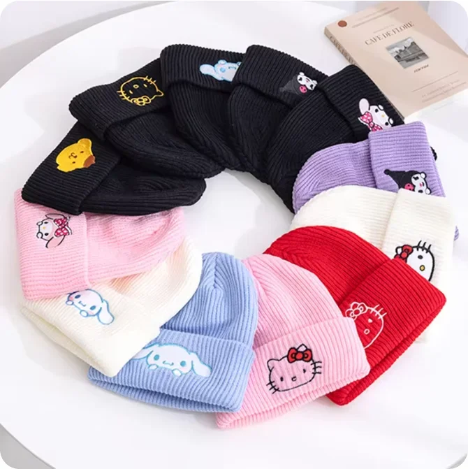 Hot Sale Saniro Series Hello Kitty Kuromi Cinnamoroll Beanie Hat Women Cute Cartoon  Melody Winter Knitted Cap