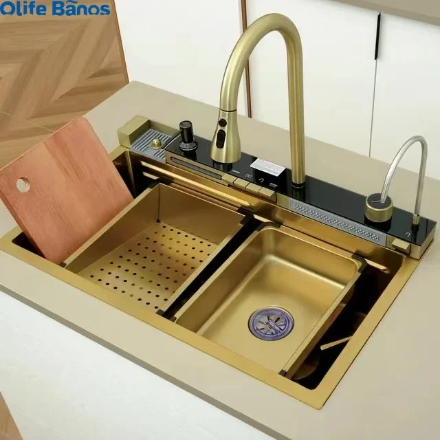 Tiktok New Trend Golden Nano SUS 304  One Piece Automatic Cup Washer Piano Digital Display Two Waterfall Faucet Kitchen Sinks