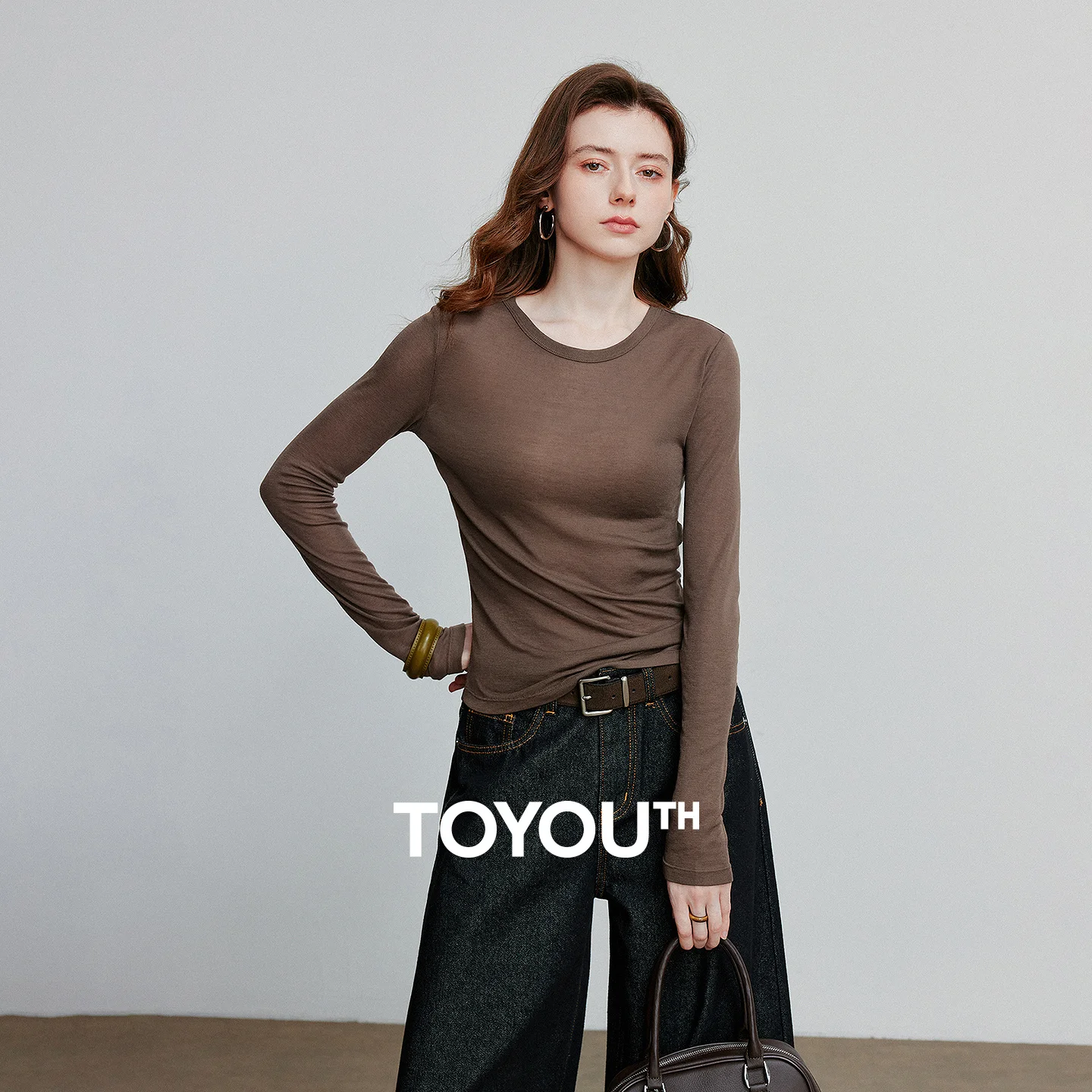 

TOYOUTH Women T-shirt 2025 Autumn New Slanted Hem Lyocell Wool Slim Fit Long Sleeve Base Tops