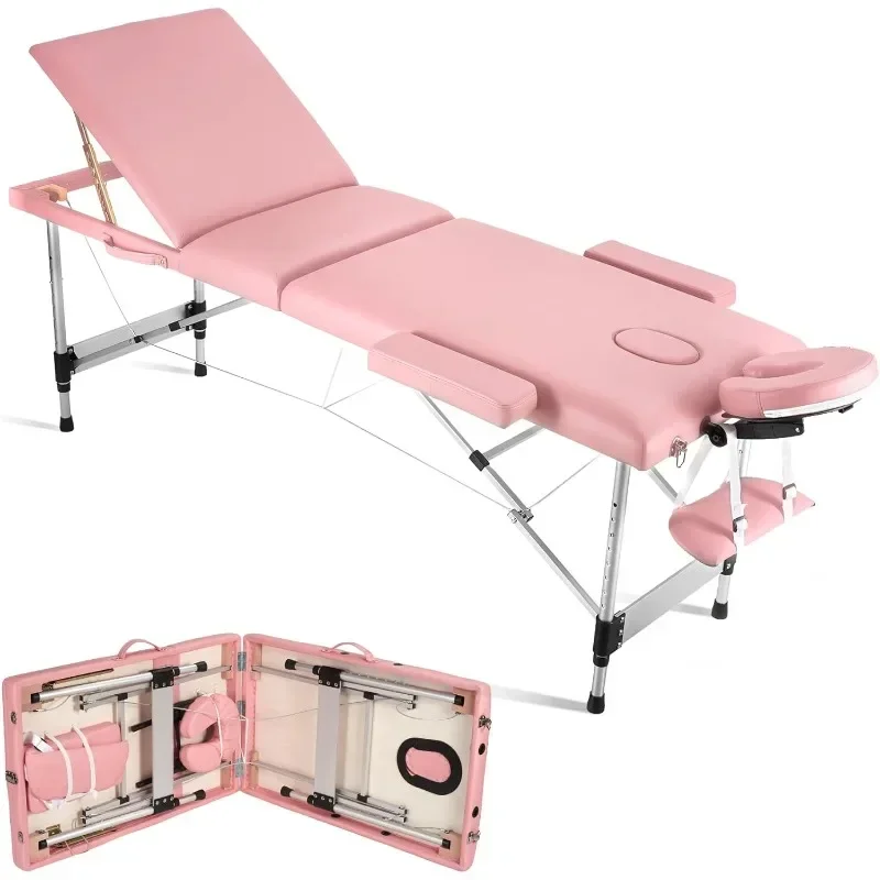 Massage Table Professional Massge Bed 3 Fold 82 Inches Height Adjustable (Macaron Pink)