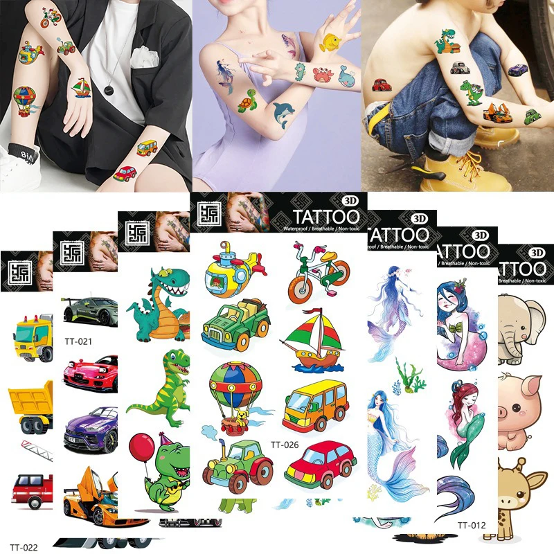 Wholesale 100pcs/Lot,Waterproof Disposable Water Transfer Temporary Fake Tattoo Stickers decals.Colorful Cartoon Patterns Kids