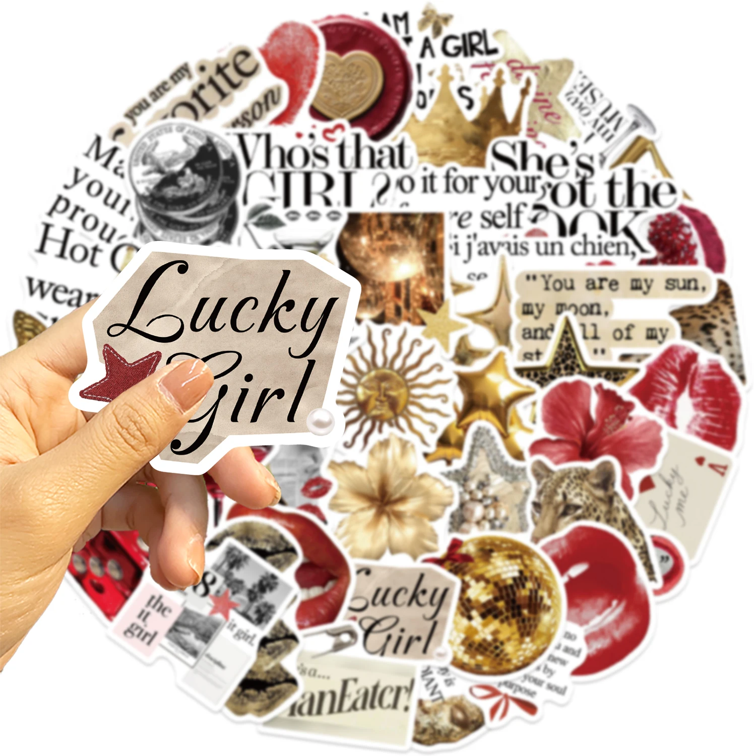 50pcs Y2k Gold&Red Lucky Girls DIY Stickers Decorative Cartoon Scrapbooking Phone Luggage Skateboard Waterproof Coquette Decals