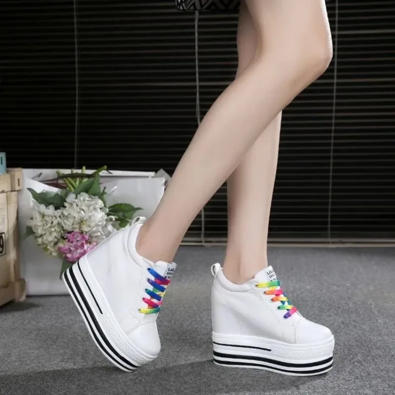 2023 New 12CM Heels Wedge Canvas Shoes Woman High Platform Sneakers Vulcanized Shoes Hidden Heel Height Increasing Casual Shoes