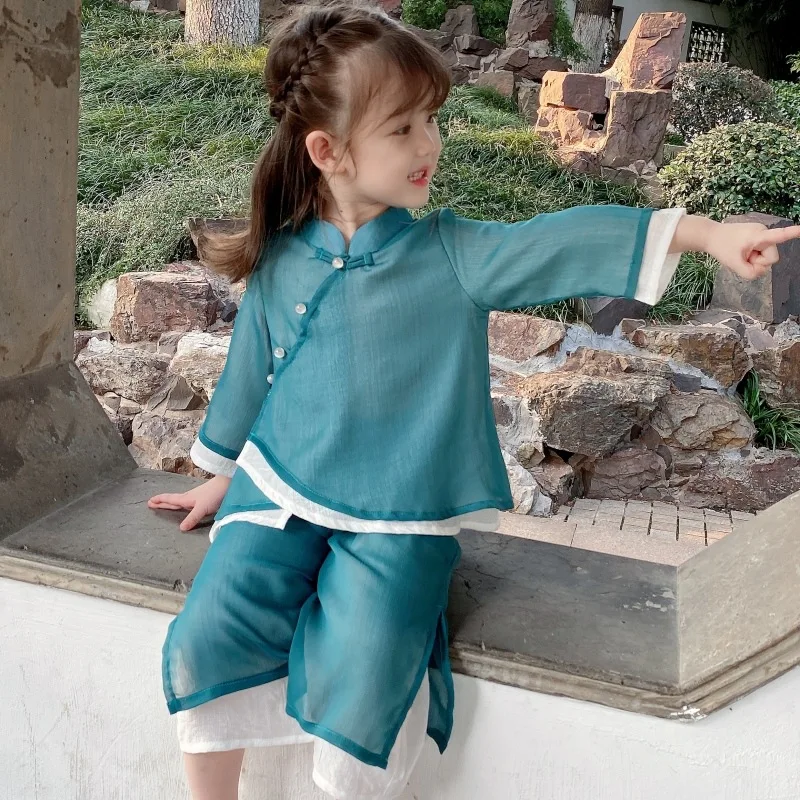 Girls 2022 New Autumn Thin Spring Hanfu Suit Cute Girls Long Sleeved Chinese Style Two Piece Set Ancient Fairy Baby Tang Suit