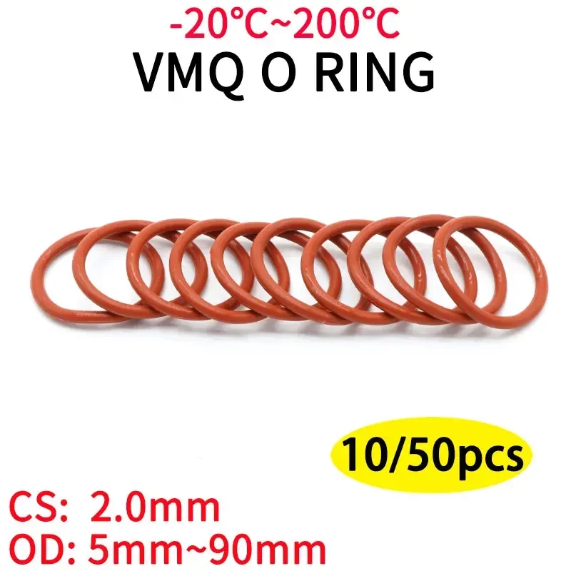 

10/50Pcs Red VMQ Silicone Ring Gasket CS 2mm OD 5 ~ 90mm O Ring Rubber Seal pressure cooker o-ring food high temperature gasket