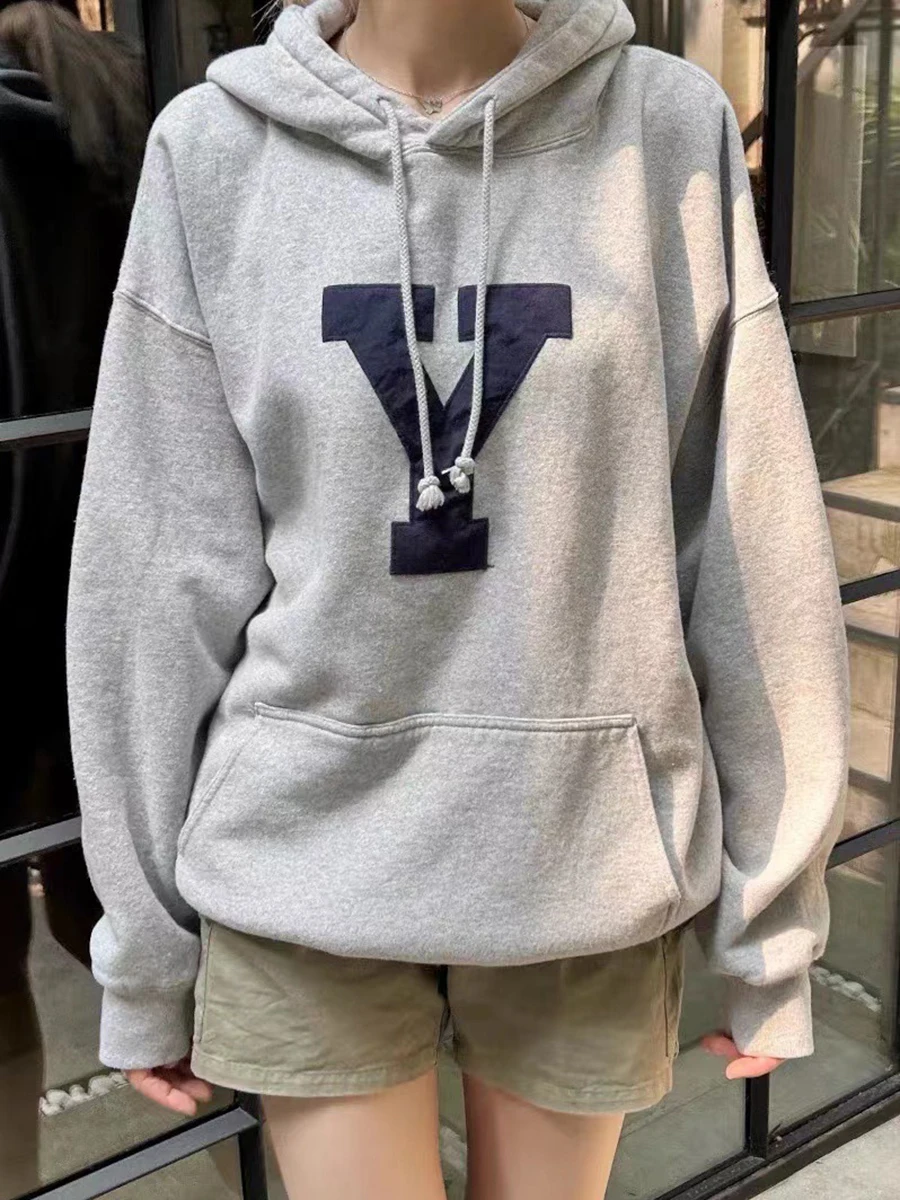 

Letter Applique Hooded Sweatshirt Women Autumn New Long Sleeve Pocket Gray Sweatshirts Streetwear Fashion Casual Loose Pullovers