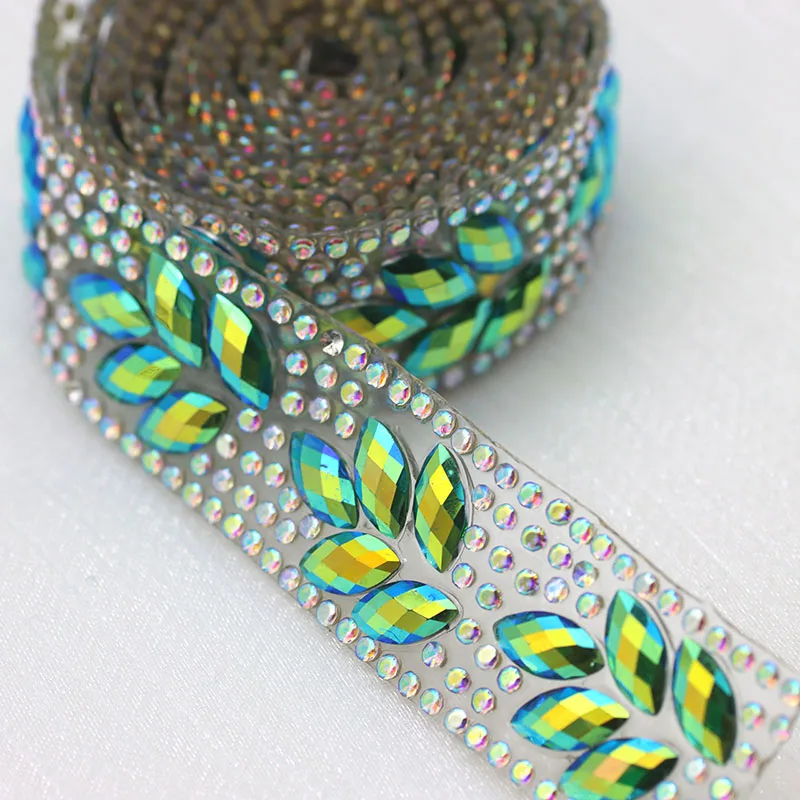 1 yard Red Green AB color Hot Fix Rhinestone Mesh Trim Glue on Rhinestone Cup Chain for DIY Garments Dance Dress Decoration