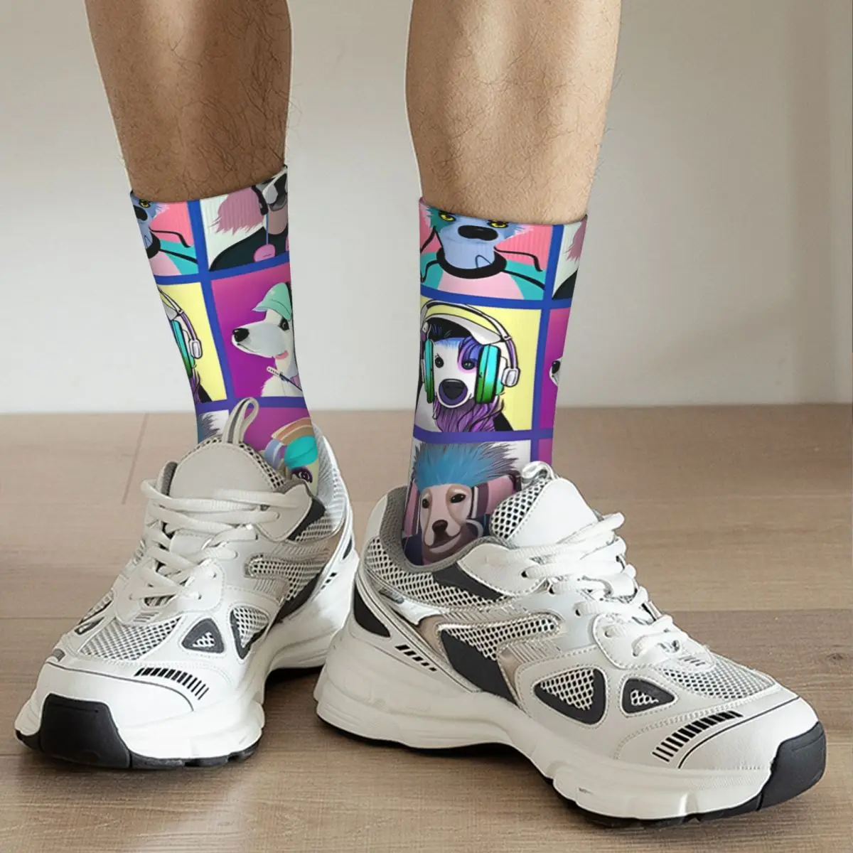 Call center Streamer Crew Socks masculino, estilo de rua Harajuku vintage, padrão novidade, vlogger cães