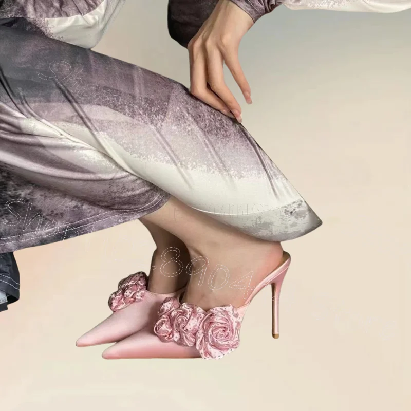 

Pink Silk Appliques Design Pointed Toe Slippers Slip On Women Shoes Thin High Heels Party Feast Dating 2025 Zapatos Para Mujere