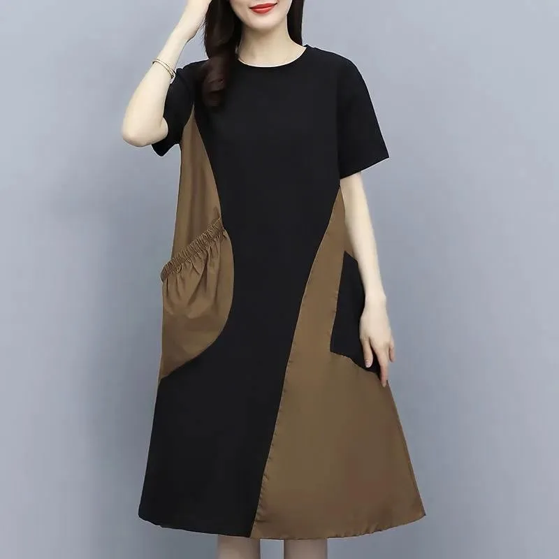 Vestido de Verano con Bloques de Color, Manga Corta, Hoado, Cintura Alta, Falda en Línea A, Estiliza y Cubre el Abdomen, Nu...