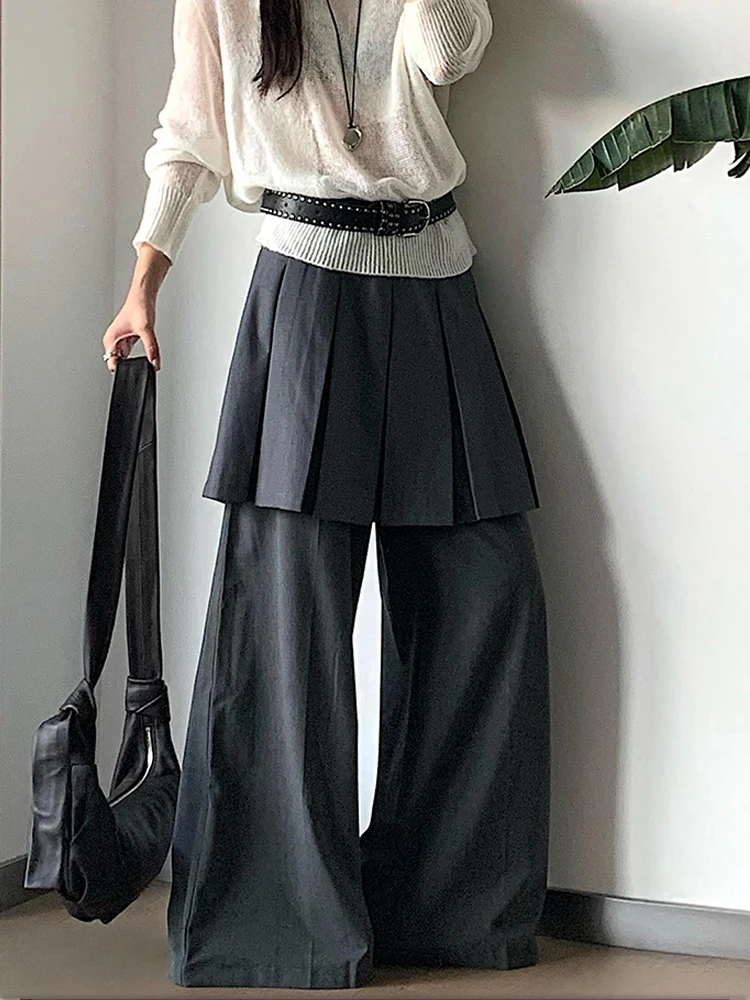 

American style retro gray pleated skirt pants women's 2025 autumn and winter new loose wide leg fart curtain long pants