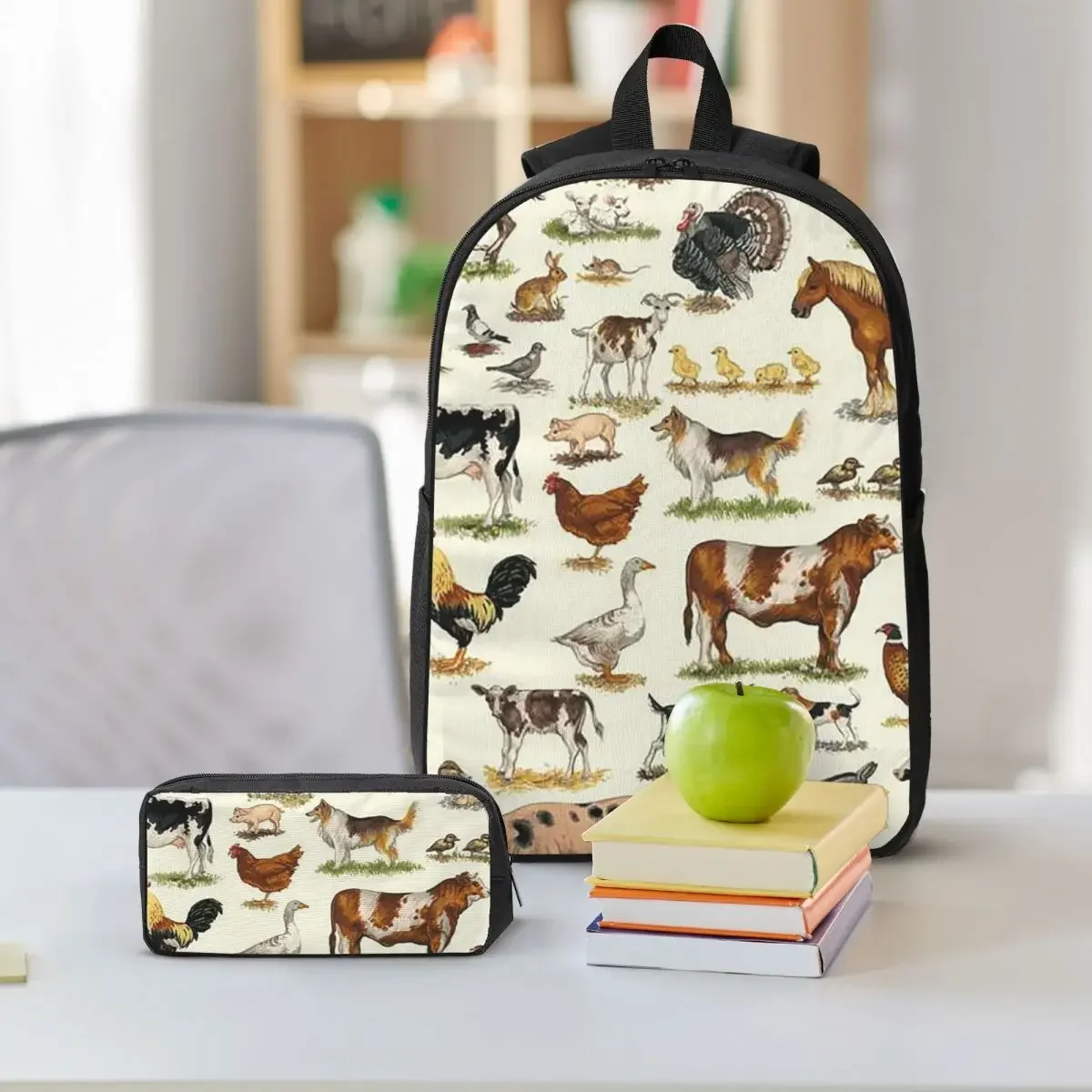 Country Farm Animals Farmhouse Village Pet Backpack BookBag School Bag Laptop Shoulder Bags 3ps Insulated Lunch Bag Pencil Case