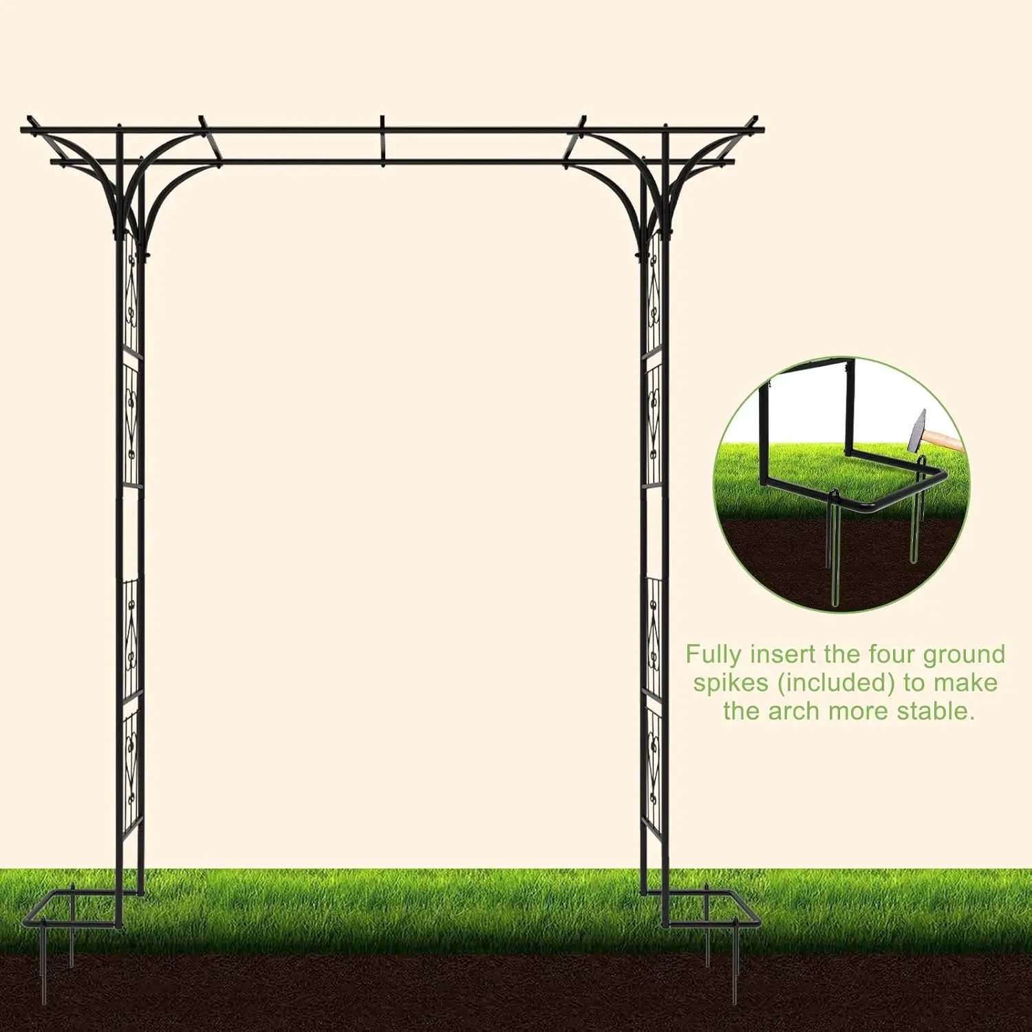 Garden arched branches with ground stakes, steel frame support grid frame