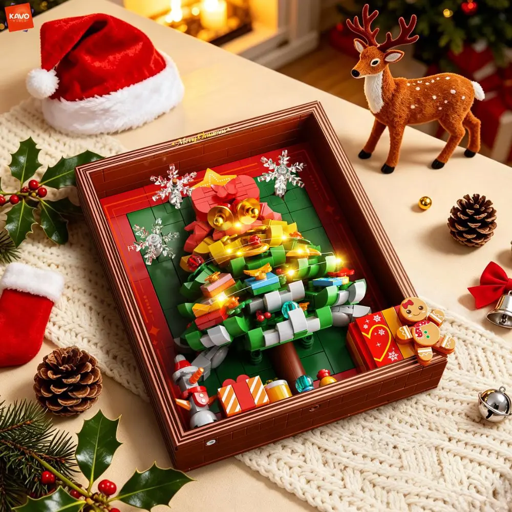 KAVOWORLD 773PCS Xmas Christmas Tree Building Blocks Photo Frame With LED Lights DIY Bricks Holiday Creative Gifts for Teenagers