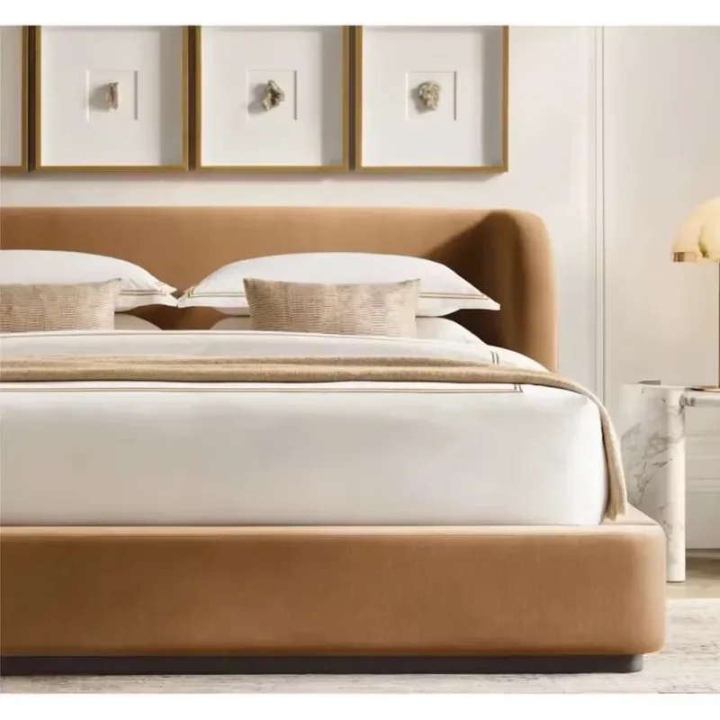 Italian Simple Caramel Velvet Bed Luxury Wrap Around Soft Double Bed Home Master Bedroom Floor to Ceiling Fabric Bed