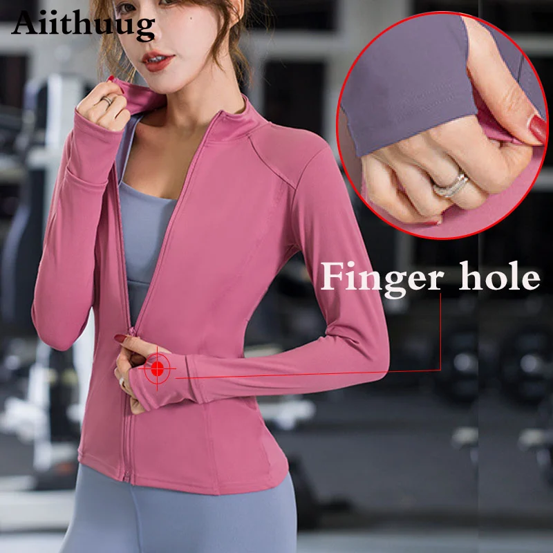 Aiivideoug camicia da corsa sportiva a maniche lunghe da donna traspirante palestra allenamento Top giacche da Yoga da donna con cerniera con fori