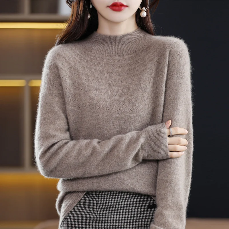 100% Wool Cashmere Sweater Women's Half-Turtleneck Pullover Slim Seamless Knitted Bottoming Shirt Hollow Loose In Autumn Winter