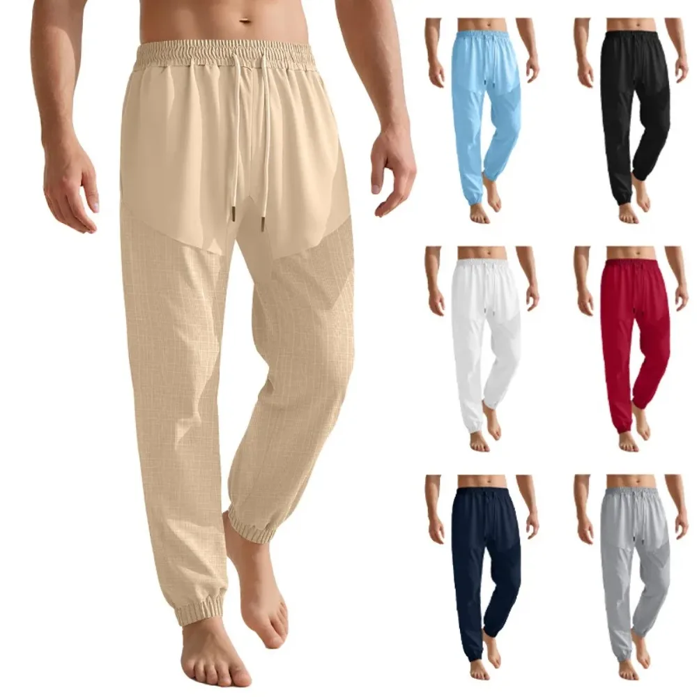 

New Summer Drawstring Cotton Linen Men's Trousers Elastic Waist Loose Casual Pants Soft Pockets Textured Weave Cuff Ankle Jogger
