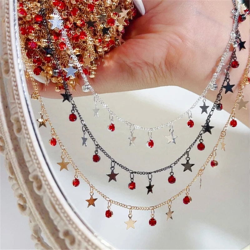 1 Meter New Retro Brass Red Crystal Beads Star Link Chains DIY Jewelry Making Necklace Tassel Chain Craft Garment Accessories