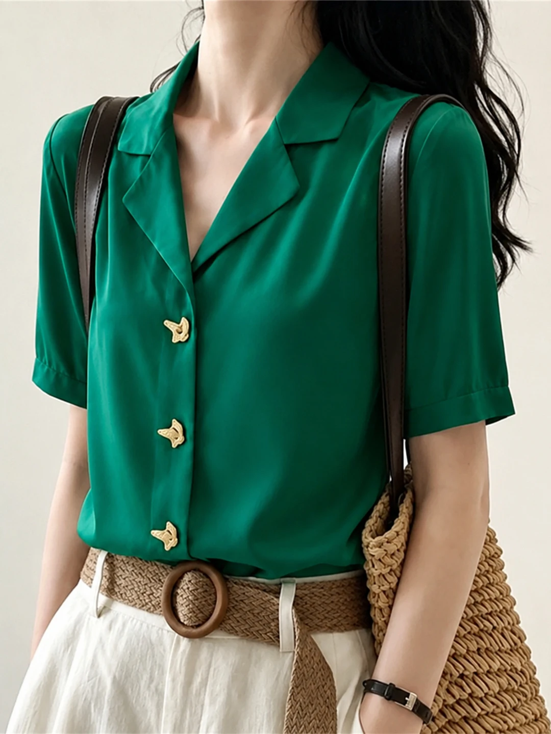Elegant Versatile Women's Shirt Tailored Suit Collar Slimming Commute Style Short Sleeve Korean Fashion Straight Cut Top