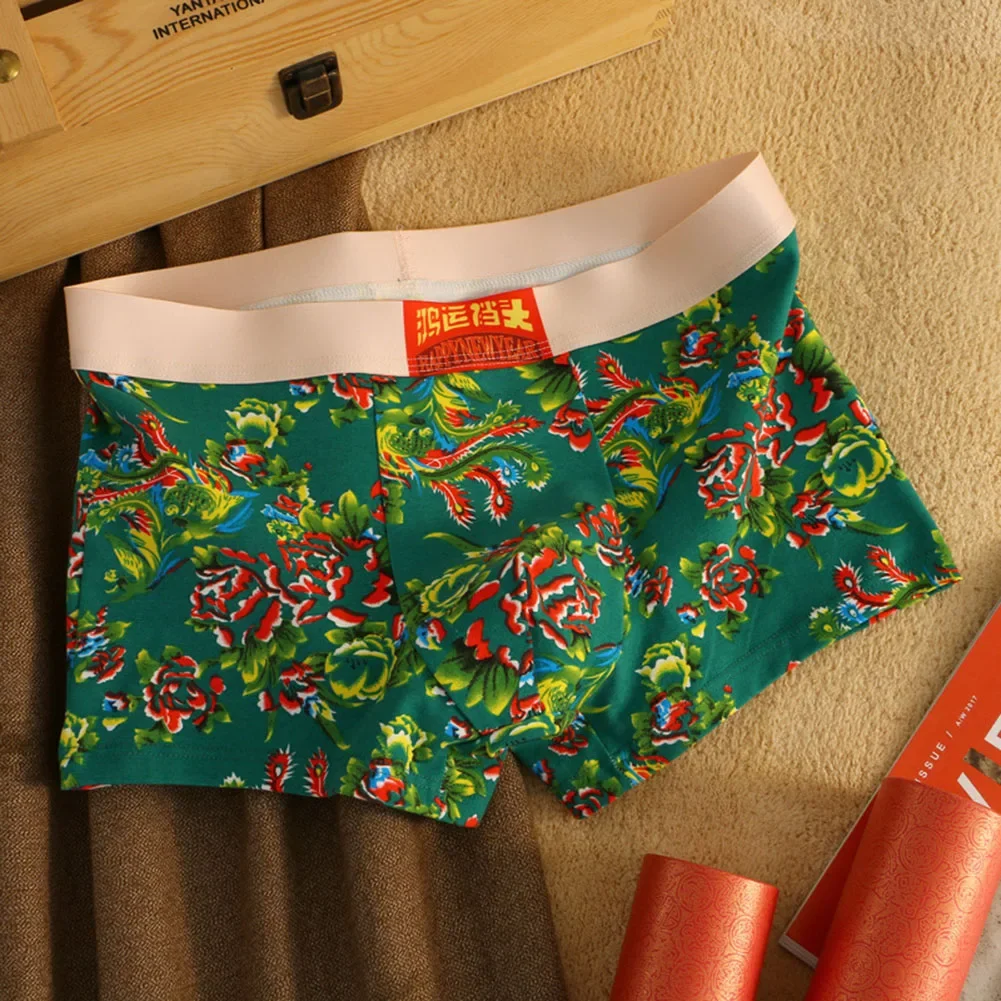 New Mens Pure Cotton Peony Flower Printed Briefs Underwear Seamless Comfort Pouch Bulge Panties Ethnic Style Men'ss