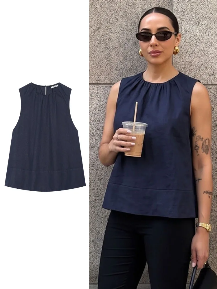 HH Women Summer Casual Gathered Round Neck Sleeveless Blouse Navy Keyhole Back Paneled Hem Relaxed Fit For Vacation Beach Party