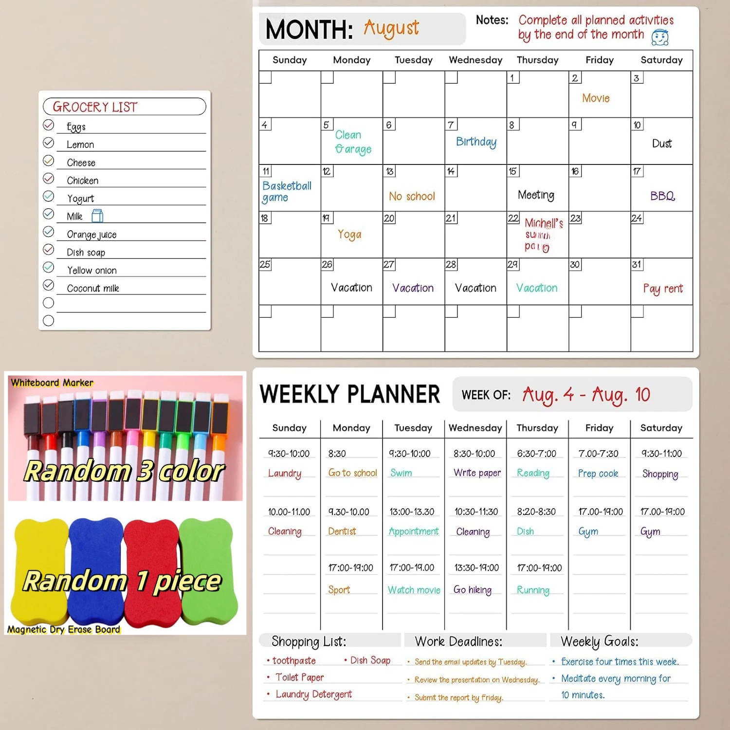 7PCS (3 Pack & with 3 Markers & 1 Eraser) Magnetic Dry Erase Calendar Refrigerator Planning Boards, Fridge Whiteboard Planner Mo