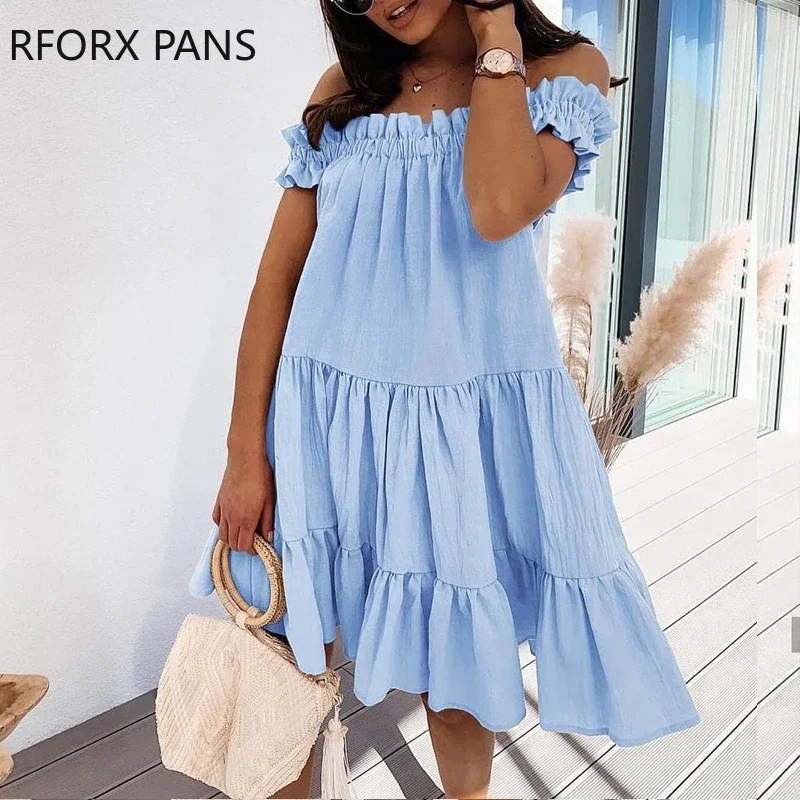 

Women Solid Off Shoulder Frill Hem Ruched Casual Dresss Summer Dress Dress