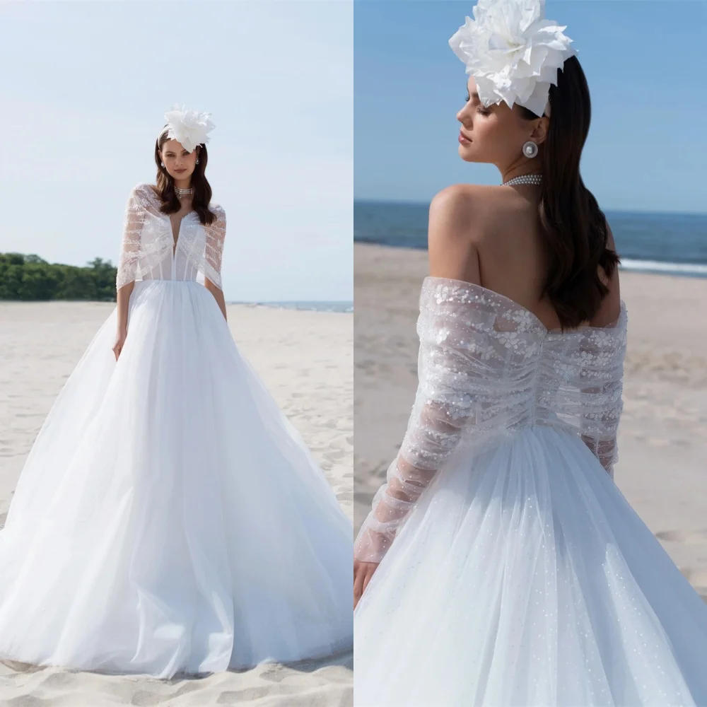 

Customized Exquisite White Organza Wedding Dress High Quality Strapless Off the Shoulder Long Sleeves Chapel Train Bridal Gowns