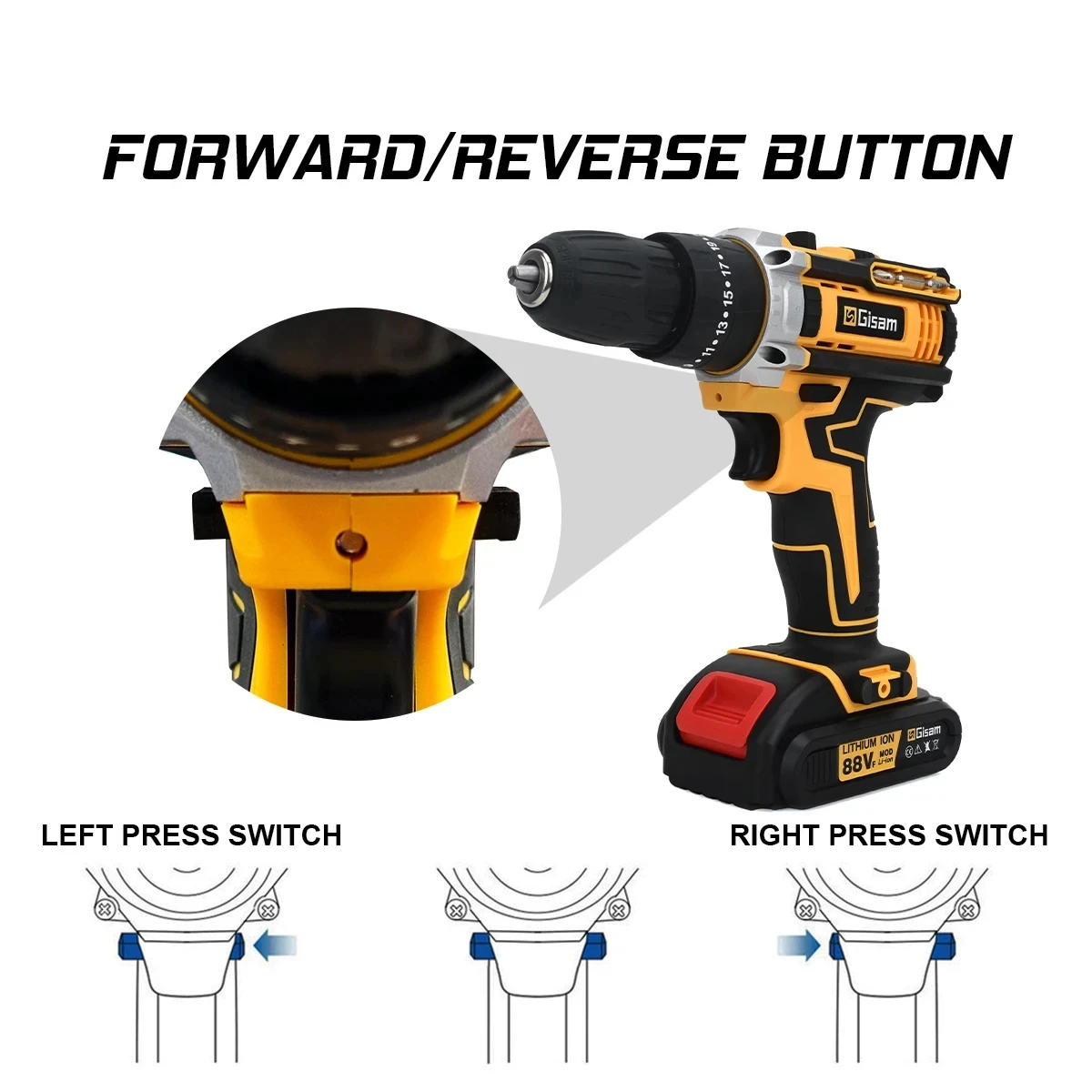 Gisam 25+3 Torque Electric Impact Screwdriver Multifunctional Cordless Drill Power Tool Setting 2 Gear Speed with 2 Batteries