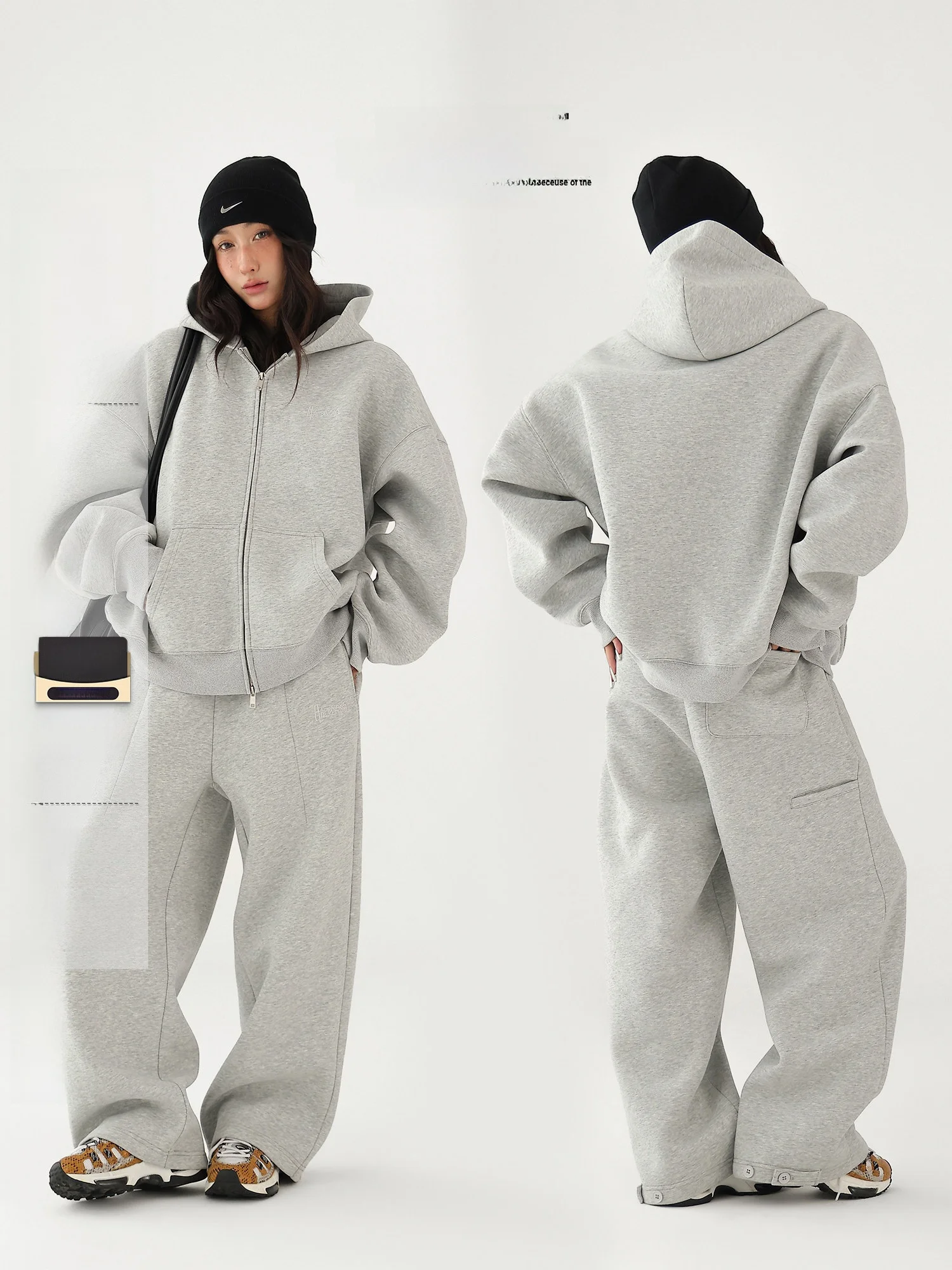 

Комплект AceStudios: утепленная толстовка в американском ретро-стиле и широкие брюки. Повседневная спортивная одежда для женщин. Осень-зима.