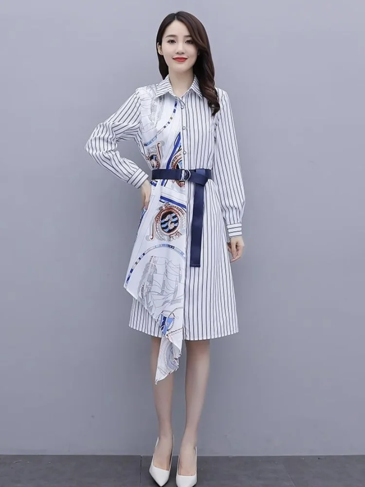 Female Shirt Dress Stripe Women's Long Sleeve Tshirts Dresses High Quality Luxury Korean Style Chic and Elegant Pretty One-piece