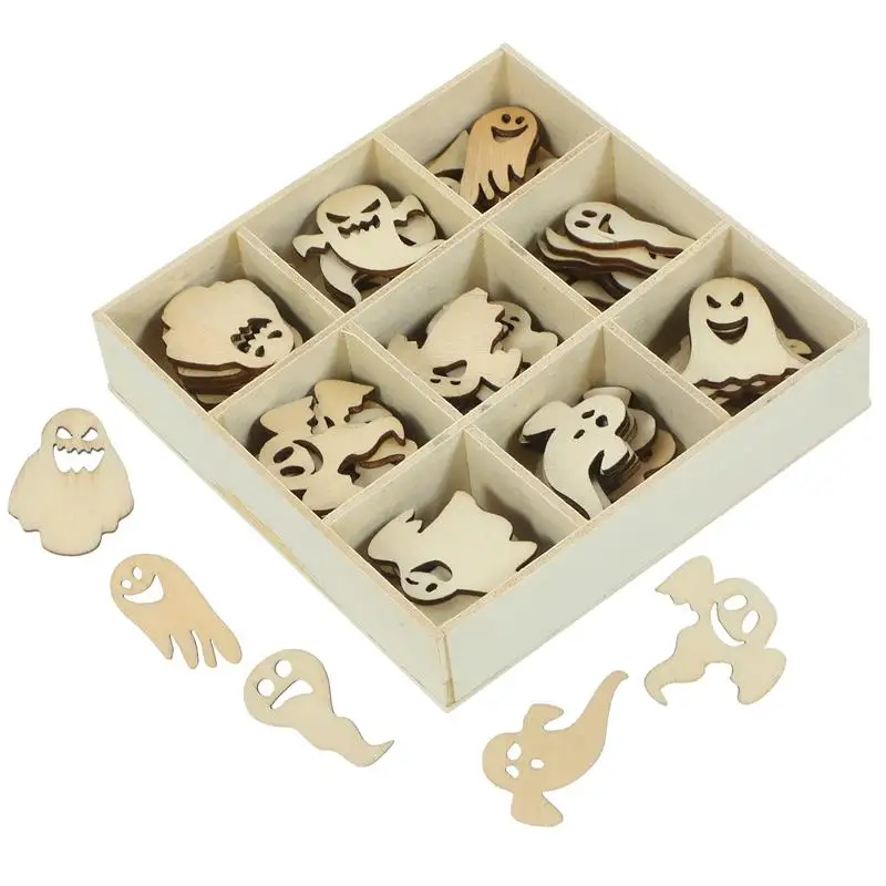 72Pcs Halloween Ghost Pumpkin Bat Spider Witch Hat Decoration Blank Wood Chip Can Be Painted Nine Squares Box Halloween Decors