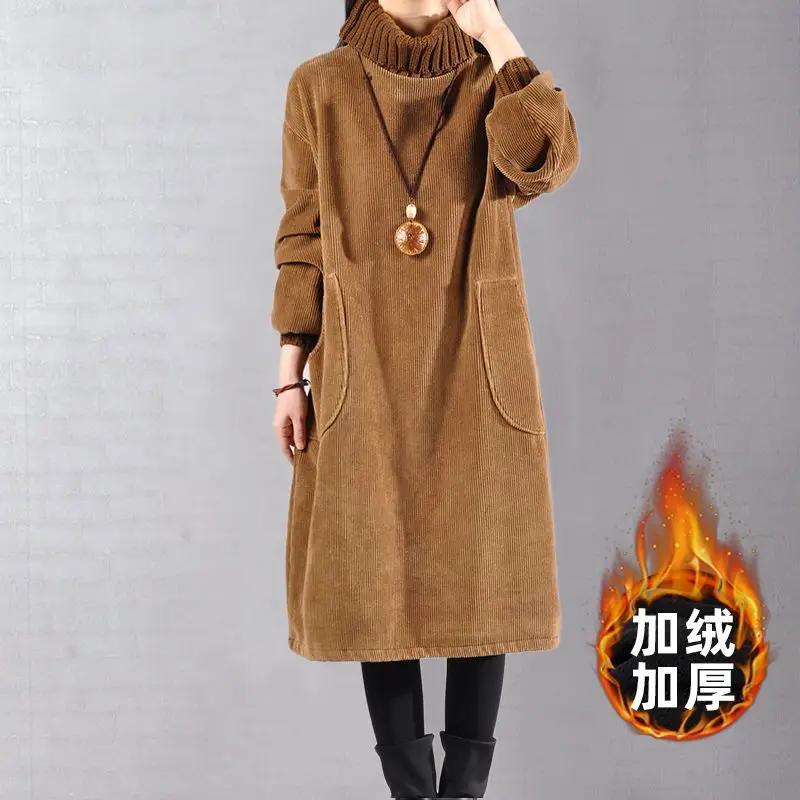 Women Autumn Winter Dress New Retro Corduroy Vestidos Add Velvet High Neck Dress Mid-Length Loose Pullover Sweater Female 2023