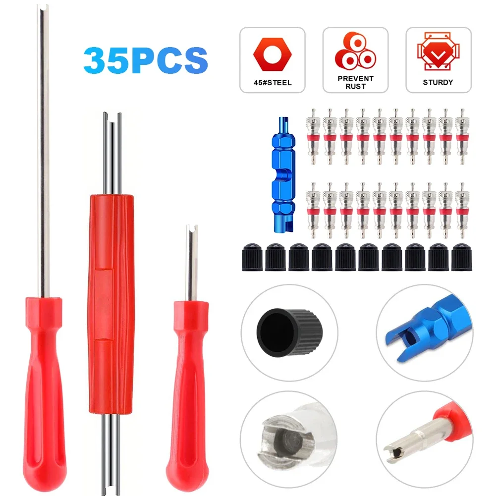 35/22/6Pcs Tire Valve Core Removal Installation Kit Bicycle Valve Core Tool Set Valve Core Adapter Valve Cap Bicycle Tire