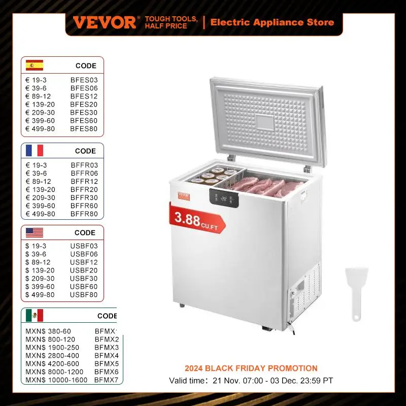 VEVOR Chest Freezer 3.88 Cft Chest Freezer Compact Deep Freezer Free Standing Top Open Door Chest Freezers